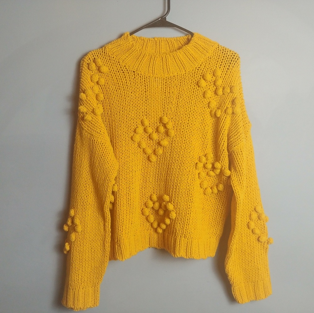 New woven heart mustard yellow chunky sweater Xs - Picture 2 of 5